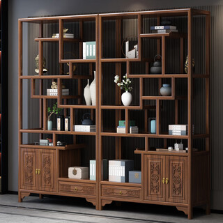 Xianding bogu shelves, all solid wood display cabinets, modern minimalist storage racks, new chinese bookshelf partitions, elm tea room duobao pavilion, nan elm, a set of two doors and one bucket bogu shelves, walnut color
