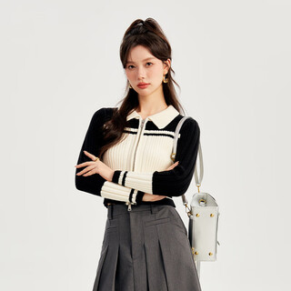 Fantu fantu lapel stretch short knitwear women's 2024 spring new slim twist sweater contrast color bottoming shirt black white s