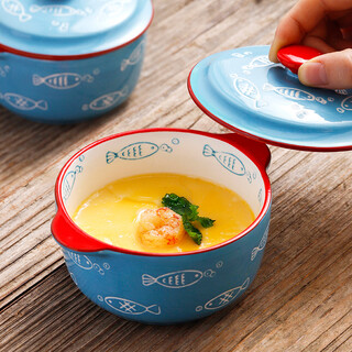 Ezicok steamed egg bowl ceramic stew pot with lid baking bowl baby custard bowl double-eared bowl hand-painted small bowl underglaze color steamed rice bowl steamed egg bowl-youyu