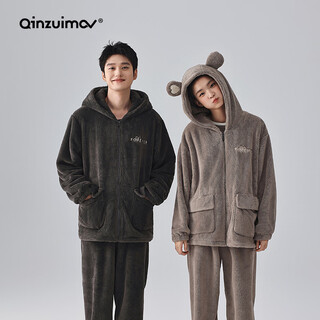 Kissing cat soft velvet couple pajamas women's autumn and winter warm thickened men's suits home clothes can be weared outside 4713 milk tea gray female l