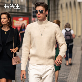 Mr. bu pure wool sweater spring and autumn soft and waxy solid color thick knitted bottoming sweater for men bt12158 haoyue white l (175)