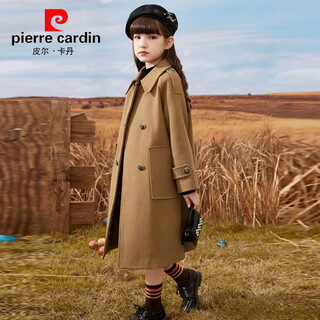 Pierre cardin girls' woolen coat with cotton children's woolen coat mid-length autumn and winter new style for big children western girls prep style milk tea color 120cm