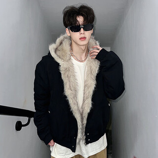 Junyin american retro mountain carving fur collar cotton jacket men's winter trendy brand design handsome flight jacket men's coat trendy black xl 130-150jin jin is equal to 0.5 kg