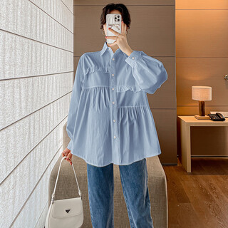 Ranqi mommy maternity clothing autumn suit 2025 new large size loose shirt spring and autumn style fashionable western shirt two-piece set blue top single piece l