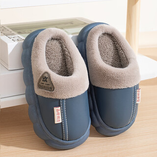 Hafeizhu parent-child winter cotton slippers for boys and girls with poop-feeling soft soles, non-slip pu waterproof leather home plus velvet warm cotton shoes, triangle t-navy 34-35 inner length 21cm