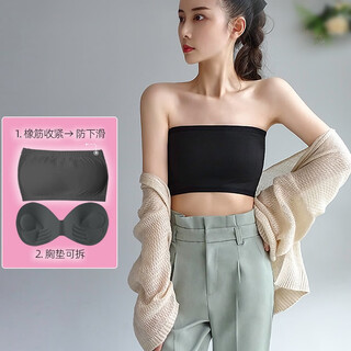 A touch of fairy wrapped breast style strapless bandeau bra no wires anti-exposure sexy inner camisole for women with breast pads upgraded non-slip classic black chest pads + detachable medium size (105-120jin jin is equal to 0.5kg)