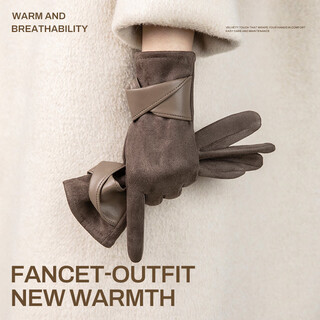 Fancet imitation suede gloves for women in winter, warm and cold-proof touch screen cycling gloves, spring and autumn windproof gloves as gifts, deep coffee
