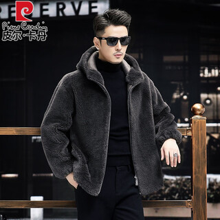 Pierre cardin 100% genuine wool sheep shear coat men's fur one-piece lamb fur coat hooded men's thick winter jacket dark gray l 100 to 125 jin jin equals 0.5 kg wear