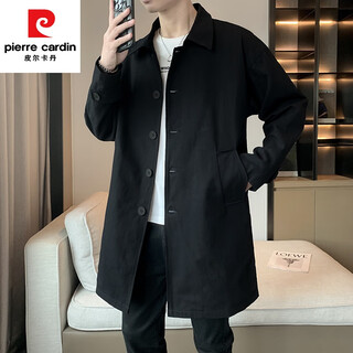Pierre cardin 2024 spring and autumn windbreaker men's mid-length versatile lapel thin loose cotton single-breasted casual jacket men black 2xl
