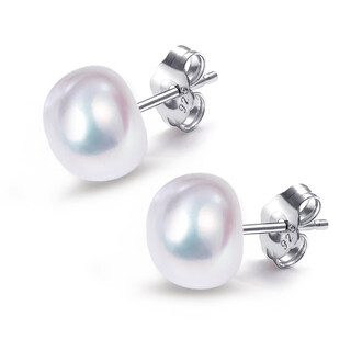 Qianlou freshwater pearl earrings s925 tremella needle strong light steamed bun round pearl earrings gift for lover or mom white 7-8mm