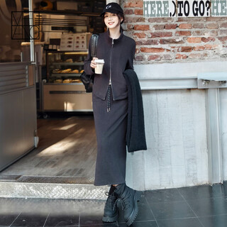 Meiyang sports department suit yunduode velvet double-sided brushed warm jacket/skirt two-piece set dark gray s
