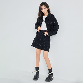 Fantu fantu sense sequined denim short skirt suit 2024 new spring women's suit fashionable casual two-piece set black s