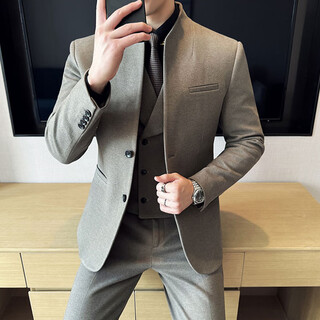 Luo meng chinese style stand collar woolen suit suit men's autumn and winter thickened coat trendy handsome casual slim suit three-piece suit brown three-piece suit (suit + vest + trousers) 2xl 135-145jin jin equals 0.5 kg