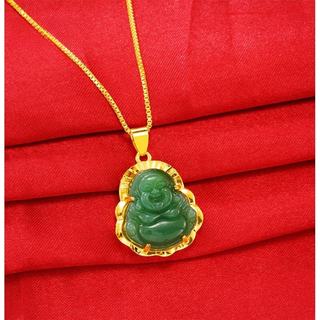 Libiao 18k gold maitreya buddha chalcedony jade pendant necklace vietnamese sand gold and hetian jade gold inlaid jade pendant for girlfriend green buddha pendant + box necklace