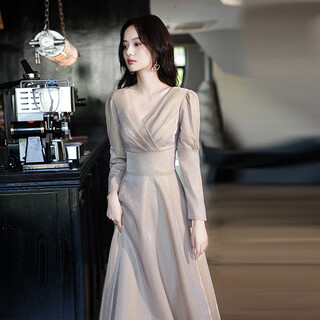 H-ked tall dress women's banquet evening dress slightly fat evening high-end autumn light luxury temperament niche long-sleeved annual party champagne color long 606 3xl