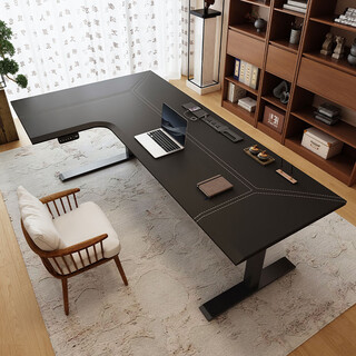 Large corner electric lift table standing household e-sports smart study desk solid wood office desk computer desk 1.4m left corner/black saddle leather computer desk + upgraded motor + cable management slot