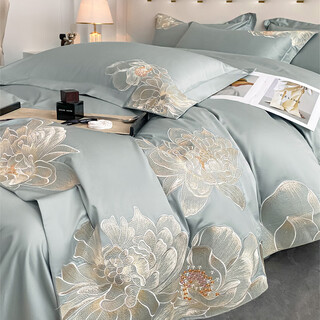 Fu'an baina light luxury style 180 count long-staple cotton four-piece set pure cotton 100 cotton four-season bed sheet embroidered quilt cover bedding, blooming flowers-starry blue 1.8m bed sheet style quilt cover 200*230cm-four-piece set