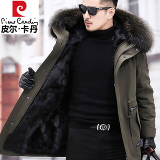 Pierre cardin parka men's removable full mink lining fur one-piece coat mid-length off-size mink velvet fur coat winter military green newly upgraded special thick section m 100jin jin equal to less than 0.5 kg
