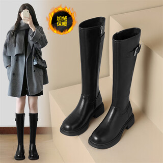 Zhr long boots for women, fashionable pleated knight boots, women's winter velvet tall thick-soled women's boots bl323a black 37