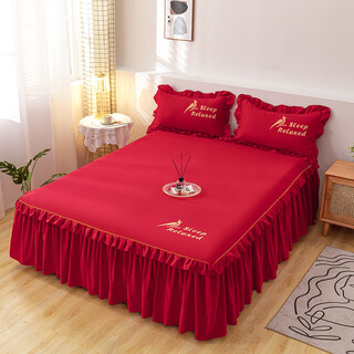 Yun color pure cotton bedspread bed skirt type bed set sheet set 1.5 meters 1.8 simmons dustproof protective cover cotton non-slip bed sheet big red 180x220cm bed skirt + pillowcase 2 pieces