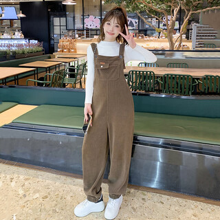 Maternity overalls for outer wear, spring, autumn and winter, large size plus velvet and thickened corduroy maternity wear, long pants, winter wear, brown - spring and autumn single piece, m recommended 90-115jin jin equals 0.5kg