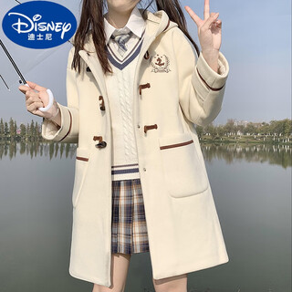 Disney (disney) college style woolen coat for big girls, cotton and thickened horn button woolen coat for high and junior high school students aged 12-15, apricot s size recommendation 70-90jin jin is equal to 0.5kg