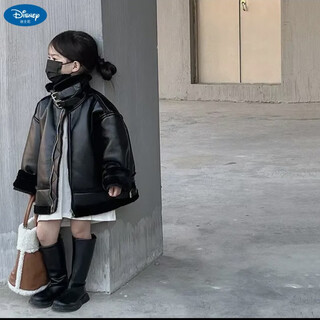 Disney (disney) girls' velvet leather flight jacket 2025 boys' korean style stand collar fur one-piece motorcycle jacket american trendy black high quality jacket 100 cm