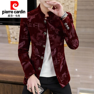Pierre cardin men's suit tops casual tunic spring stand collar korean style slim youth printed trendy small suit jacket burgundy 2116 feather stand collar 2xl