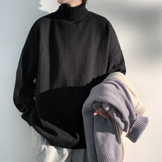 Liangci fatty large size turtleneck sweater boys spring autumn winter henley collar youth sweater solid color jacket trend black l