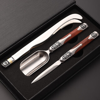 Jinge damascus pu'er tea knife, tea ceremony six gentlemen set, tea spoon, tea shovel, tea clip, kung fu tea set accessories combination, red rosewood fengxiang stainless steel 3-piece set