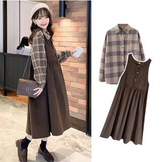 Ran qiqi pregnant women's suspender skirt spring and autumn 2025 new autumn two-piece set fashionable shirt large size maternity dress autumn brown two-piece set xl