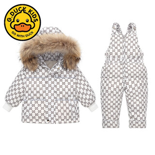 G.duckkids little yellow duck real raccoon fur collar down jacket set 1-3 years old baby detachable crotch down overalls 2024 new white 90 cm