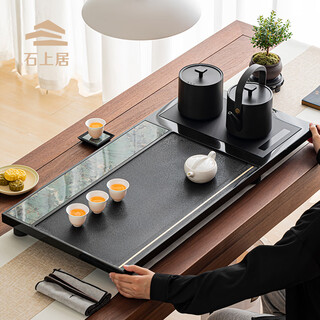 Shishangju natural solid black gold stone tea tray one-piece with kettle fully automatic water filling tea tray tea set tea table one-piece with double furnace kettle 90*45*3cm