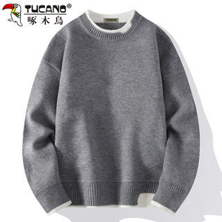 Woodpecker (tucano) sweater men's autumn and winter knitted sweater round neck pullover loose bottoming shirt warm and trendy men's clothing gray xl