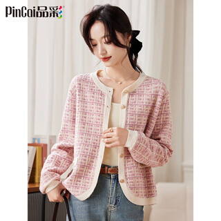 Pincai xiaoxiangfeng knitted cardigan women's loose plaid jacquard sweater elegant age-reducing knitted jacket p143z1001