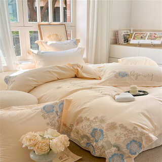 Mercury series hepburn style exquisite embroidery 180s cotton four-piece set high-end 2025 pure cotton sheet quilt cover bedding 4 hot-selling style windsor light pink category a mother and baby grade 1.8m bed sheet four-piece set quilt cover 200*230