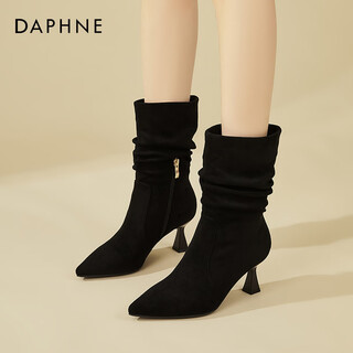 Daphne pointed toe high heel mid-calf boots for women plus velvet slim boots feminine temperament versatile suede pile boots women's boots black plus velvet 37