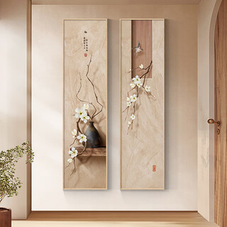 New chinese style entrance decorative painting vertical version corridor aisle long hanging painting high-end zen teahouse background wall painting overflowing with floral fragrance diptych 30*120cm crystal porcelain painting + aluminum alloy frame