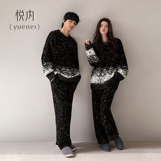 Yuenei half velvet couple pajamas women's autumn and winter coral velvet plus velvet thickened warm home clothes winter men's suit 34261 bright black men's 2xl (male 160-180 jin jin equals 0.5 kg / female 140-160 jin jin equals 0.5 kg)