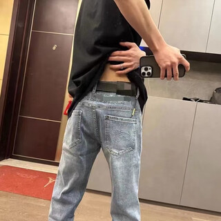 益帛（YIBO）牛仔裤男秋冬新款潮牌刺绣ins网红同款直筒小脚修身休闲长裤子男 蓝色 L 【建议105-120斤】