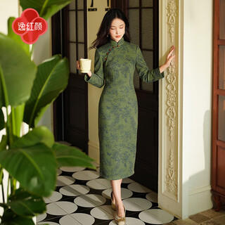 E.beauty shiwan 2025 spring new thickened brushed knitted new chinese style daily long-sleeved elegant cheongsam turquoise green m