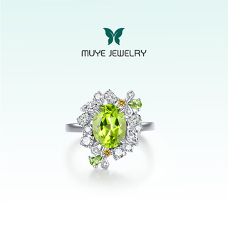Muye natural colored gemstone 925 silver peridot colored gemstone ring firefly ring original design colorful gemstone ring 11-12# 2.12 carats