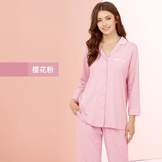 Shile autumn and winter modal high elastic home clothes casual simple men's lapel pajamas suit couple's marriage year red cherry blossom pink/female 2xl