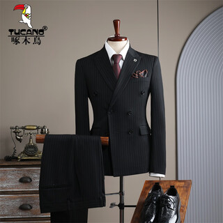 Woodpecker (tucano) double-breasted striped suit men's suit casual groom wedding dress business slim suit suit men 6831 black stripes (suit + trousers) 52/xl (125-135jin jin equals 0.5 kg)