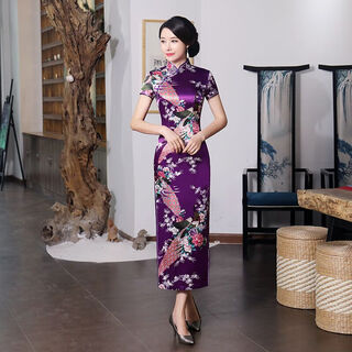 Jinying 2026 new summer chinese style long cheongsam slim fit slit cheongsam retro improved catwalk dress hsj short-sleeved peacock long cheongsam purple 2xl recommended 120-130jin jin equals 0.5 kg