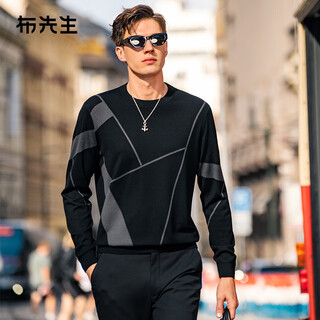 Mr. bu machine washable long-sleeved round neck wool t-shirt for men in autumn contrast color artistic jacquard design wool sweater pt15557 piano black 2xl (185)