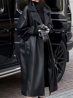 Woodpecker (tucano) stylish long knee-length leather jacket for women 2026 spring new loose soft leather motorcycle jacket black s 80-120jin jin equals 0.5 kg