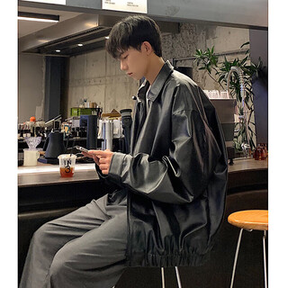 Oemg american motorcycle pu leather jacket for men and women in spring, autumn and winter handsome high street trendy loose couple jacket tops black regular style xl recommended 125-140 jin jin equals 0.5 kg