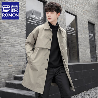 Romon mid-length windbreaker men's autumn and winter new lapel loose coat men's light and mature british style youth coat men's coat khaki xl