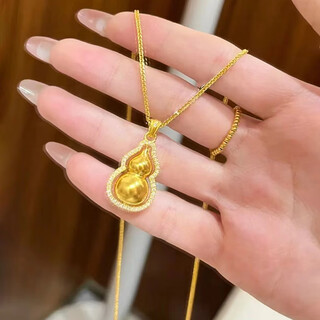 Holy glass gold necklace 18k women's ancient gold chopin chain 3d hard gold double-sided fulu turning point diamond gourd pendant chopin chain + gourd pendant